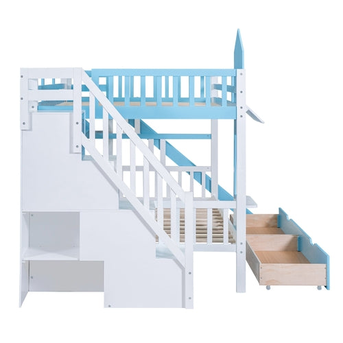 Full-Over-Full Castle Style Bunk Bed with 2 Drawers, 3 Shelves and