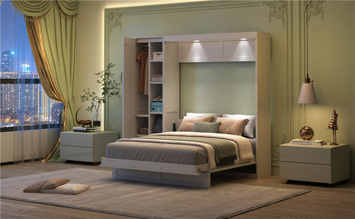 Queen Size Murphy Bed Wall Bed with Shelves, Wardrobe and LED Lights