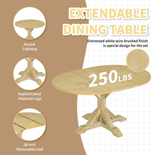Farmhouse 6-Piece 60inch Extendable Pedestal Dining Table Set with