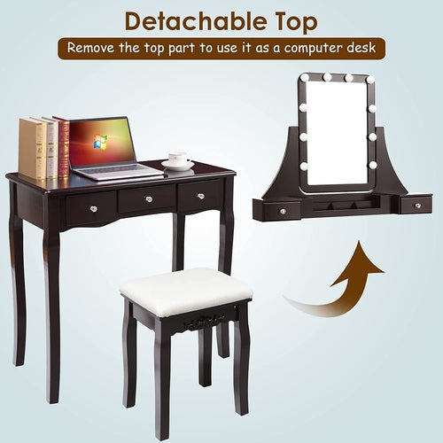 Brown Vanity Table Set With 10 LED Lights For Bedroom