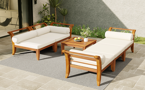 6 Piece Patio Sofa Set, Acacia Wood Outdoor Modular Sectional Garden