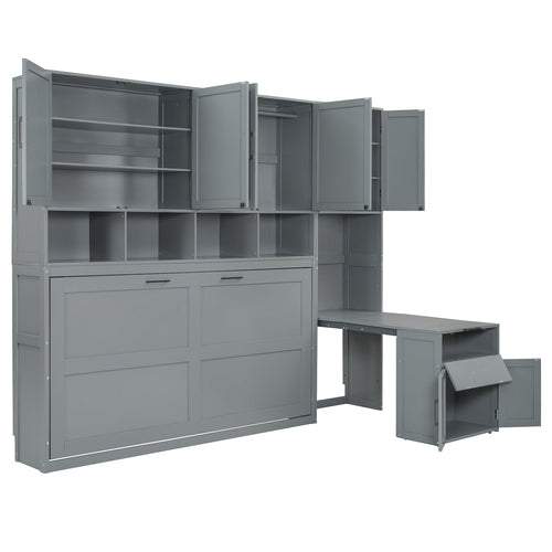 Twin Size Murphy Bed Wall Bed with Closet , Drawers & Desk-Gray