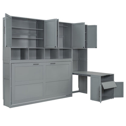 Twin Size Murphy Bed Wall Bed with Closet , Drawers & Desk-Gray