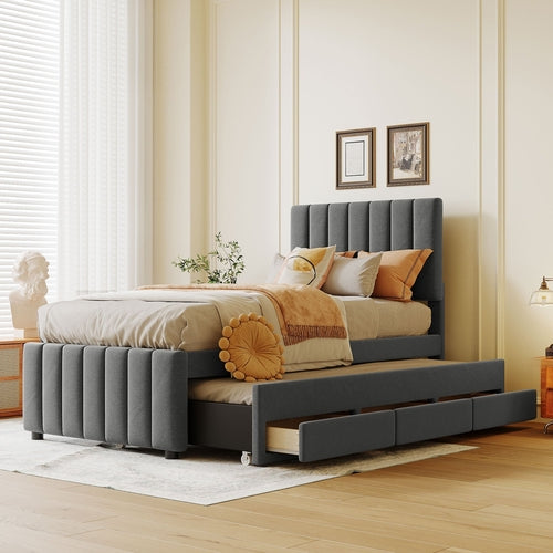 Upholstered Platform Bed with Trundle and 3 Drawers, Linen Fabric