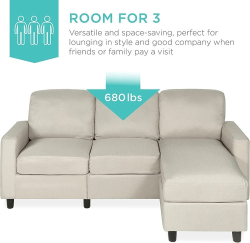 Compact Beige Linen Sectional Sofa With Chaise And Reversible Ottoman