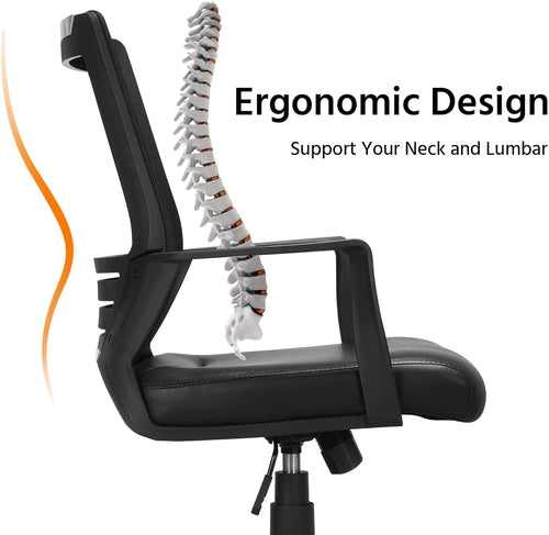 Ergonomic Office Chair Leather Seat Mesh Back Black With Lumbar