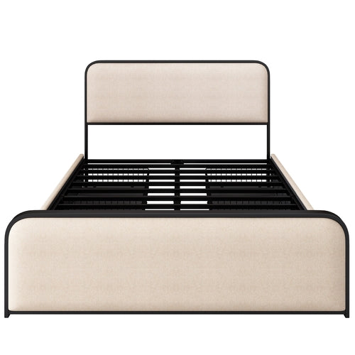 Modern Metal Bed Frame with Upholstered Curved Headboard and