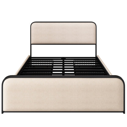 Modern Metal Bed Frame with Upholstered Curved Headboard and