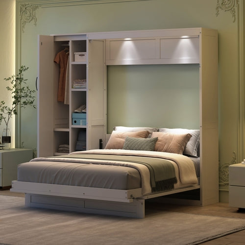 Queen Size Murphy Bed Wall Bed with Shelves, Wardrobe and LED Lights