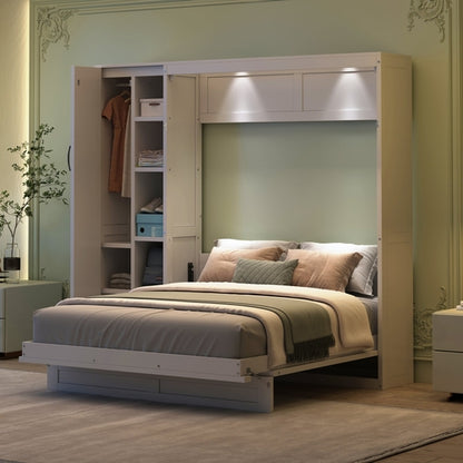 Queen Size Murphy Bed Wall Bed with Shelves, Wardrobe and LED Lights