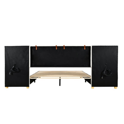 Upholstered Platform Bed with Outlets, USB Ports, Pillows and Storage