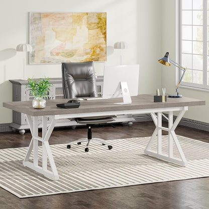 70.8 Inch Grey White Executive Desk Large Home Office