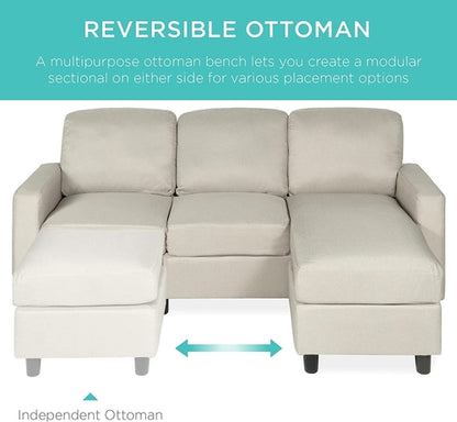 Compact Beige Linen Sectional Sofa With Chaise And Reversible Ottoman