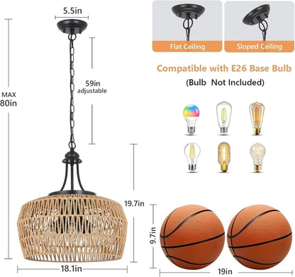 Large 5 Light Handwoven Rattan Boho Dining Room Chandelier