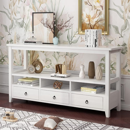 Vintage White Console Table With Storage Drawers And Shelves