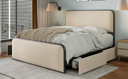Modern Metal Bed Frame with Upholstered Curved Headboard and