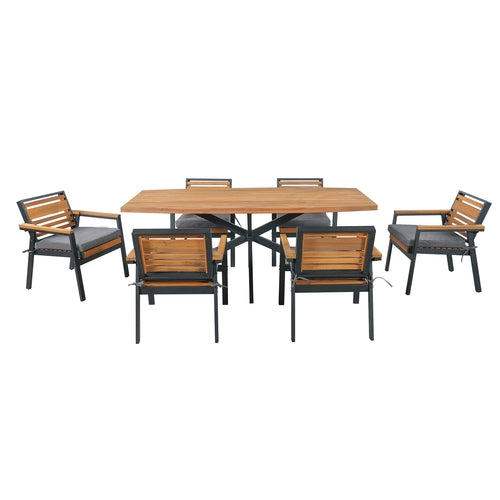 Modern 7-Piece Dining Set, Acacia Wood with Iron Frame, 6 Chairs with