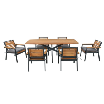 Modern 7-Piece Dining Set, Acacia Wood with Iron Frame, 6 Chairs with