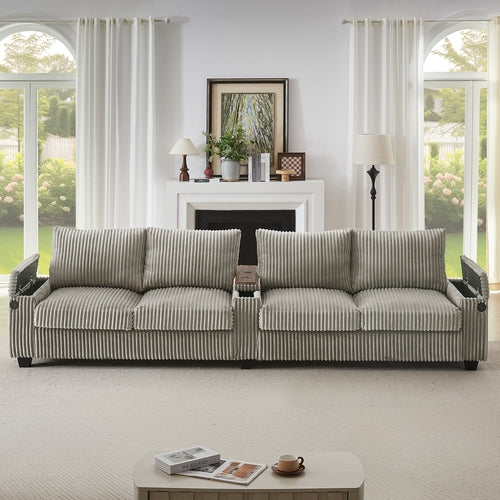 Modern 4-Seater Corduroy Sofa Couch with USB Ports, Hidden Storage and