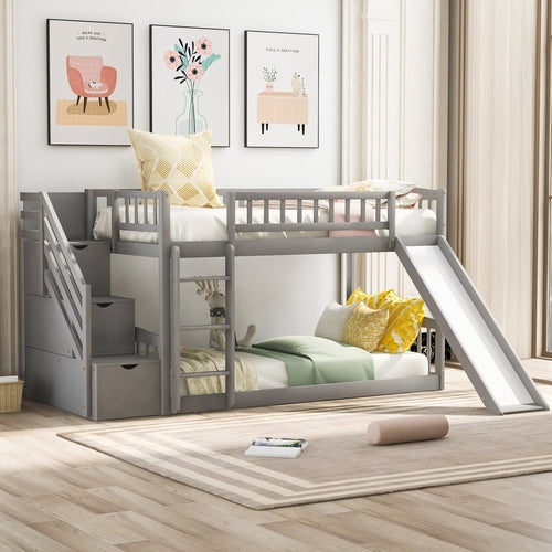 Bunk Bed Twin Over Twin Gray Solid Wood with Drawers and Slide for