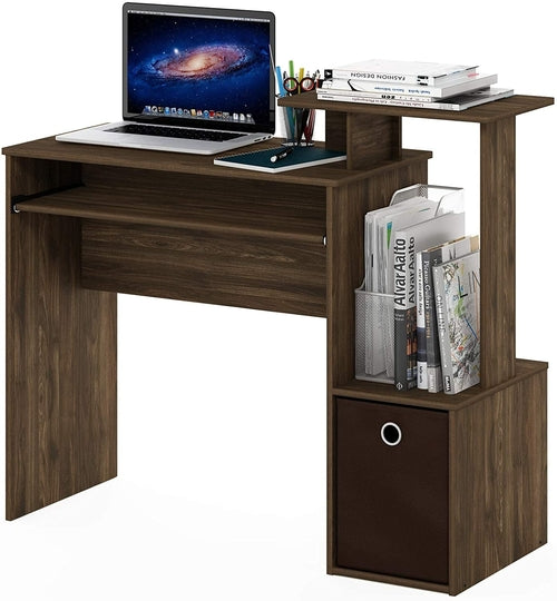 Walnut Compact Desk With Keyboard Tray And Shelves