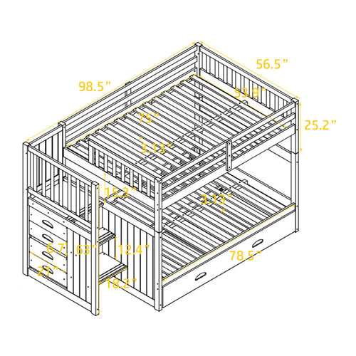 Full over Full Bunk Bed with Twin Size Trundle, Gray