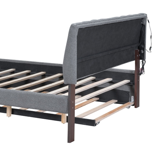 Teddy Fleece Queen Size Upholstered Platform Bed with Twin XL Trundle