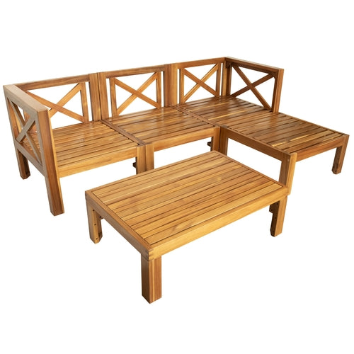 Outdoor Backyard Patio Wood 5-Piece Sectional Sofa Seating Group Set