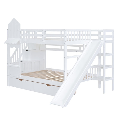 Full-Over-Full Castle Style Bunk Bed with 2 Drawers, 3 Shelves and