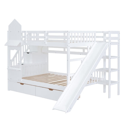 Full-Over-Full Castle Style Bunk Bed with 2 Drawers, 3 Shelves and