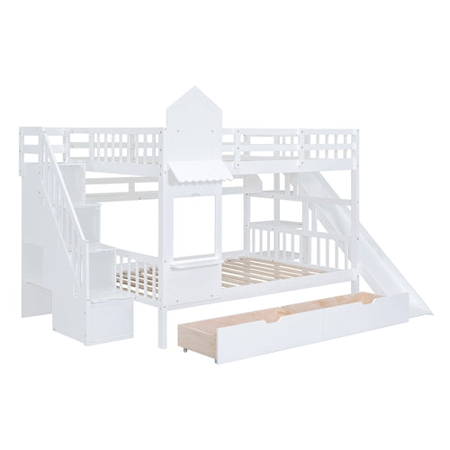Full-Over-Full Castle Style Bunk Bed with 2 Drawers, 3 Shelves and