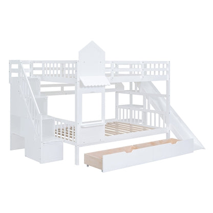 Full-Over-Full Castle Style Bunk Bed with 2 Drawers, 3 Shelves and