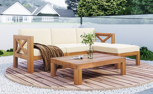 Outdoor Backyard Patio Wood 5-Piece Sectional Sofa Seating Group Set