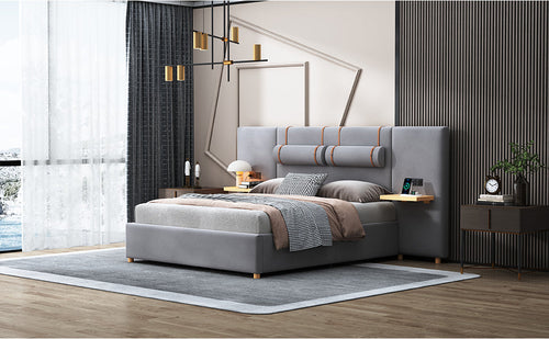 Upholstered Platform Bed with Outlets, USB Ports, Pillows and Storage