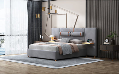 Upholstered Platform Bed with Outlets, USB Ports, Pillows and Storage