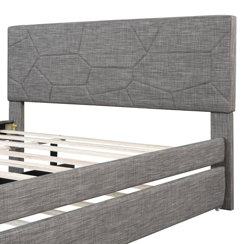Queen Size Upholstered Platform Bed with Brick Pattern Headboard and