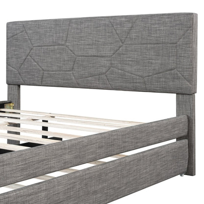 Queen Size Upholstered Platform Bed with Brick Pattern Headboard and