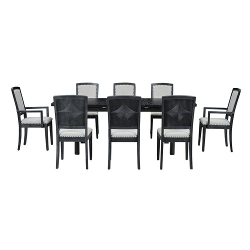 Rustic Extendable Dining Table Set with Removable Leaf, 6 Upholstered