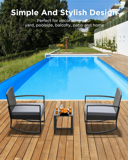 3 Piece Rattan Rocking Bistro Set With Coffee Table Outdoor Patio