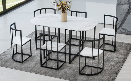 Modern 7-Piece Dining Table Set with Faux Marble Compact 55Inch