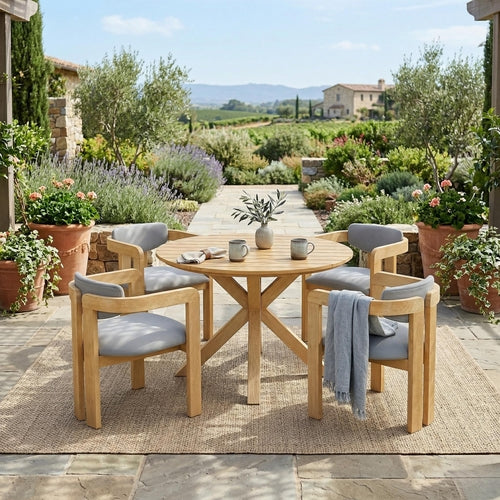 5-Piece Outdoor Acacia Wood Round Dining Set, Solid Wood Patio Table