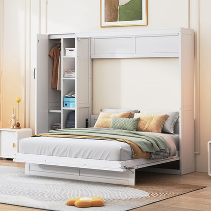 Queen Size Murphy Bed Wall Bed with Shelves, Wardrobe and LED Lights