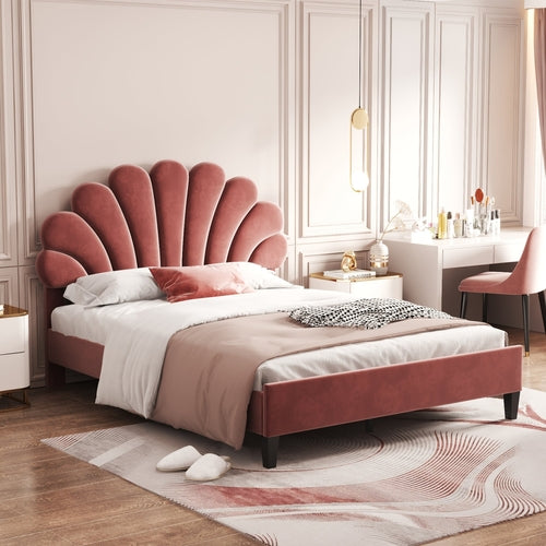 Upholstered Platform Bed with Flower Pattern Velvet Headboard