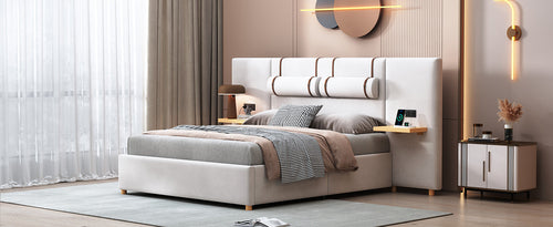 Upholstered Platform Bed with Outlets, USB Ports, Pillows and Storage