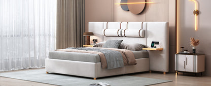 Upholstered Platform Bed with Outlets, USB Ports, Pillows and Storage
