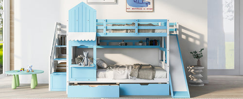 Full-Over-Full Castle Style Bunk Bed with 2 Drawers, 3 Shelves and