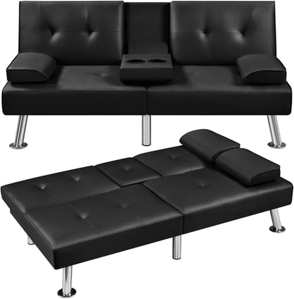 Convertible Sofa Bed Black Faux Leather With Cup Holders
