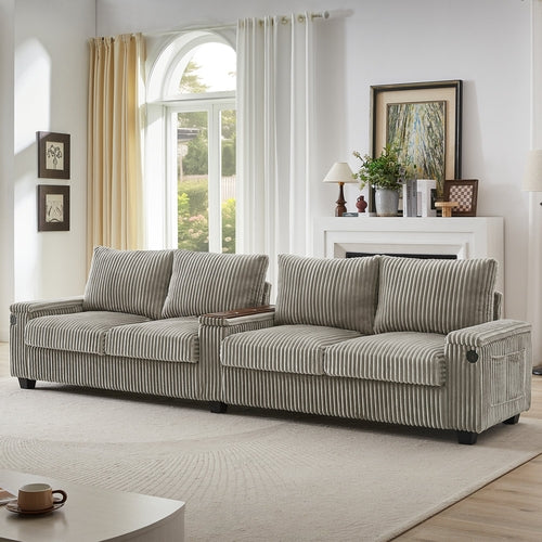 Modern 4-Seater Corduroy Sofa Couch with USB Ports, Hidden Storage and