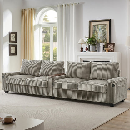Modern 4-Seater Corduroy Sofa Couch with USB Ports, Hidden Storage and