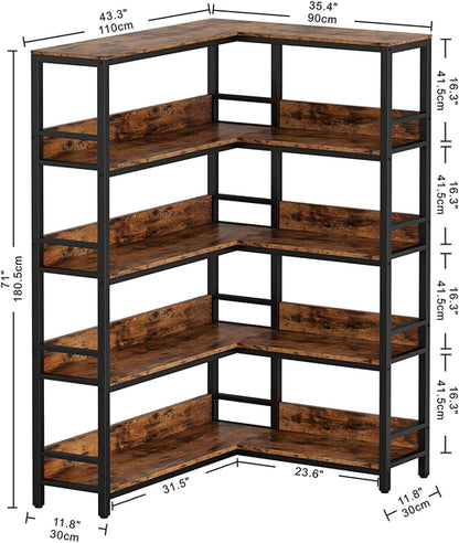 5-Tier Industrial Corner Bookcase With Metal Frame
